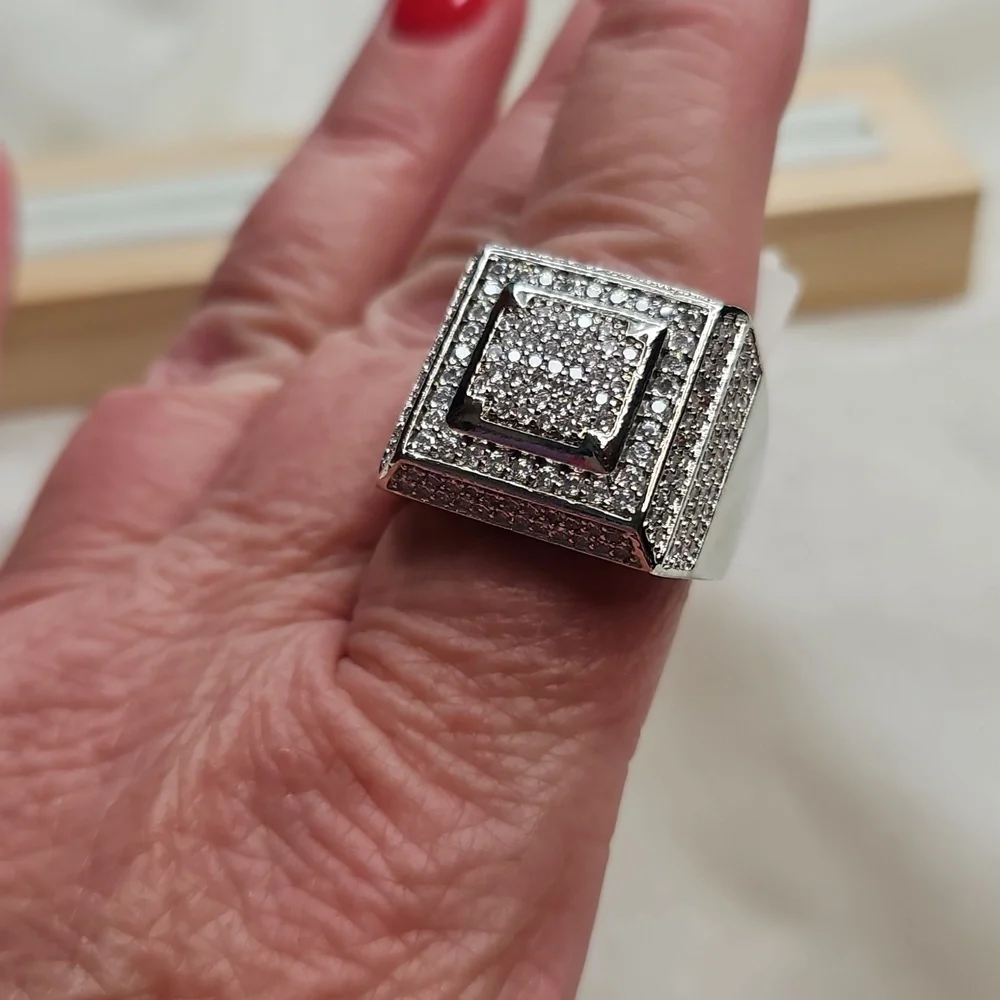 Men's or Unisex Silver Wide Band Ring Fashion Ring Rhinestones Square Setting